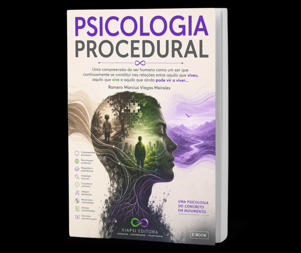 Capa do e-book Psicologia Procedural, de Romero Marcius Viegas Meireles. Silhueta de um perfil com paisagens do que se viveu, do que se vive e do que ainda se pode vir a viver. ViaPsi Editora.